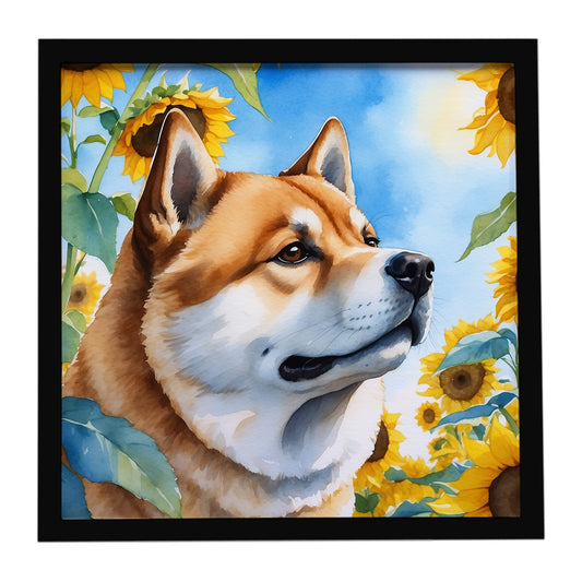 Buy this Akita in Sunflowers Framed Metal Print