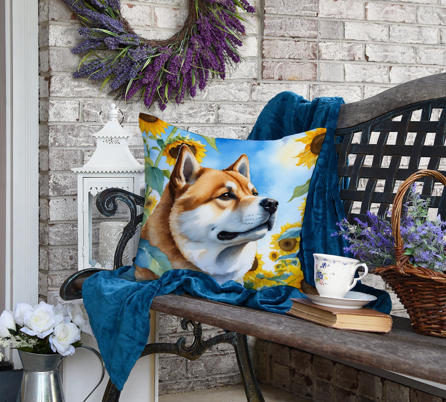 Akita in Sunflowers Throw Pillow