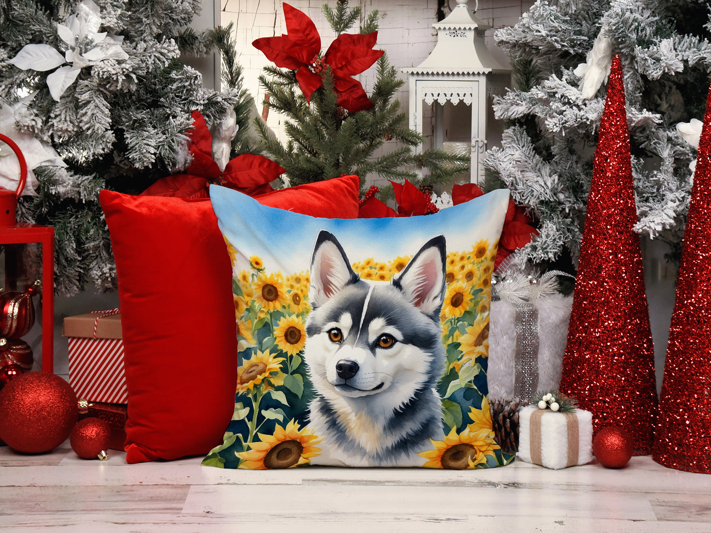 Alaskan Klee Kai in Sunflowers Throw Pillow