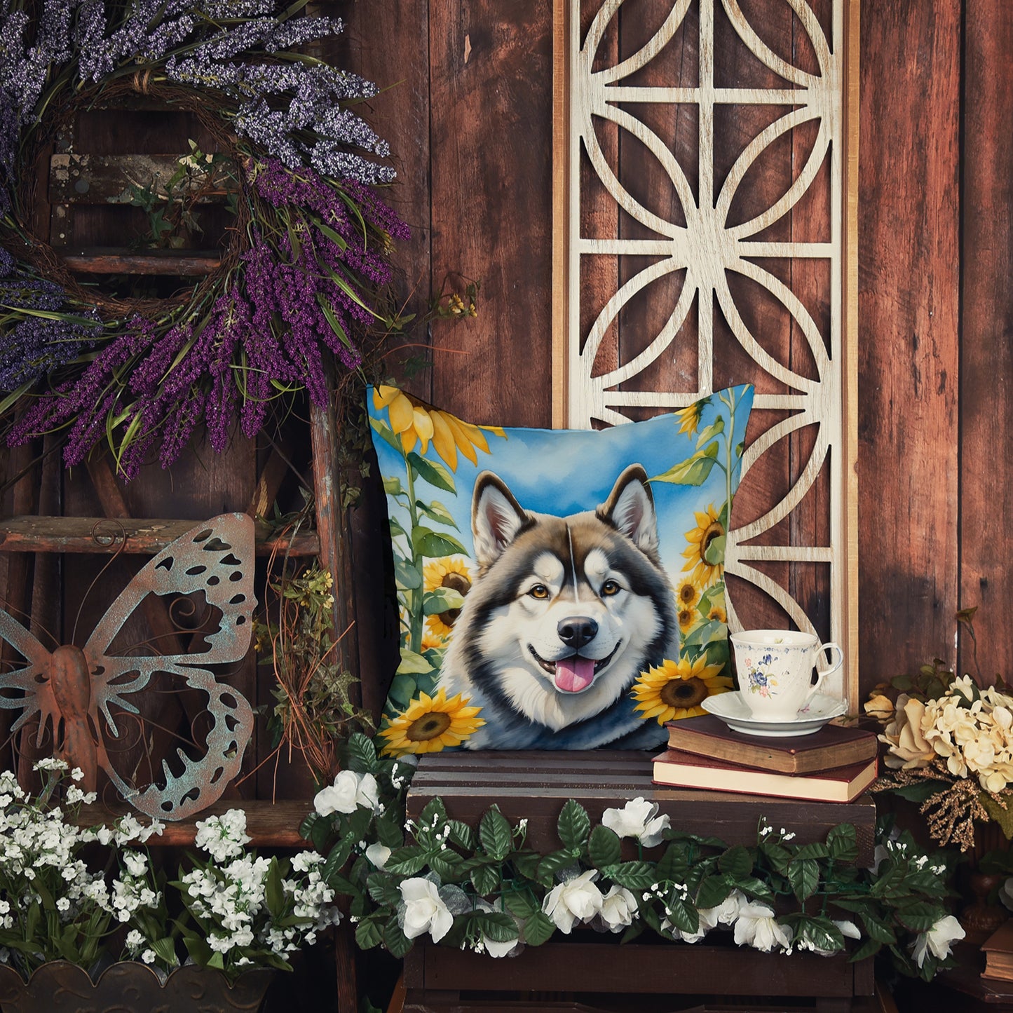 Alaskan Malamute in Sunflowers Throw Pillow