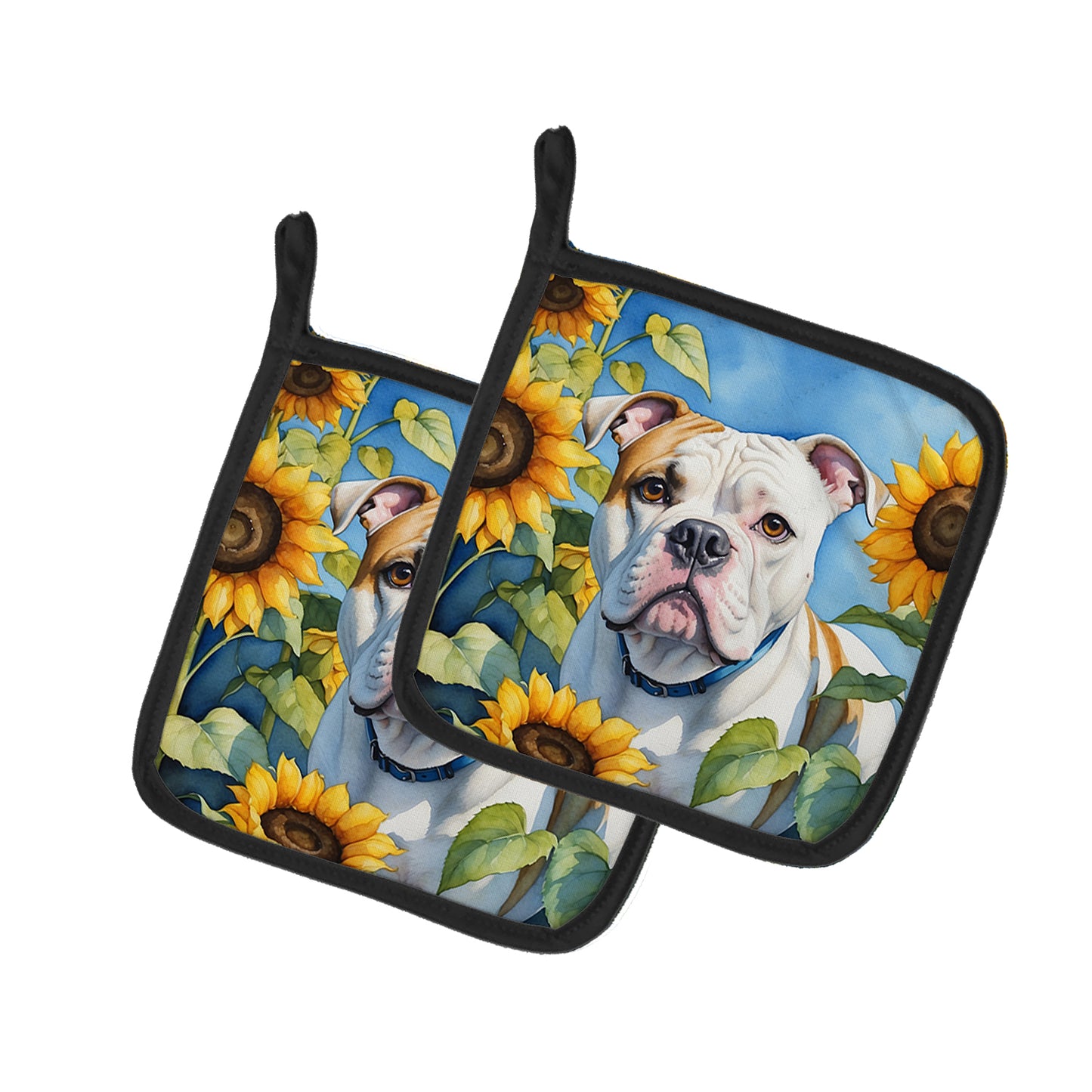 Buy this American Bulldog in Sunflowers Pair of Pot Holders