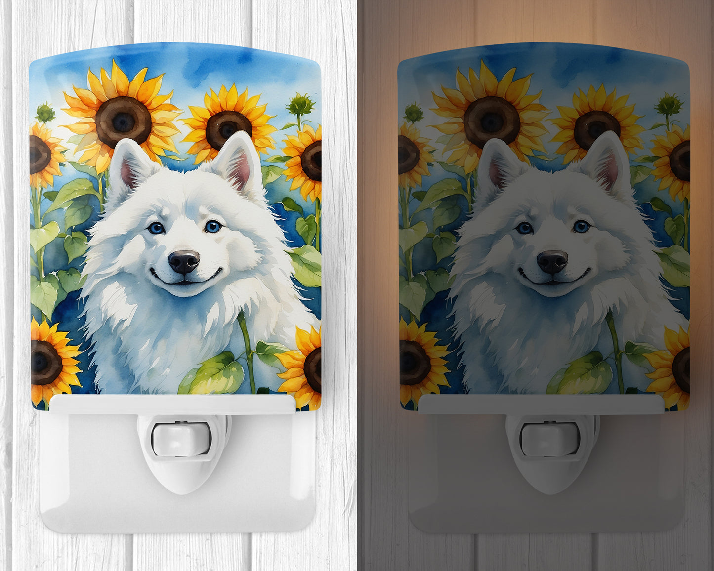 American Eskimo in Sunflowers Ceramic Night Light