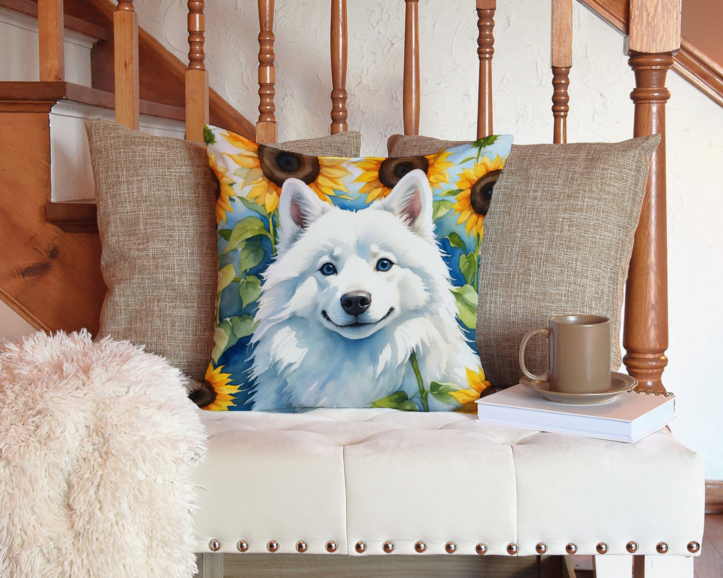 American Eskimo in Sunflowers Throw Pillow