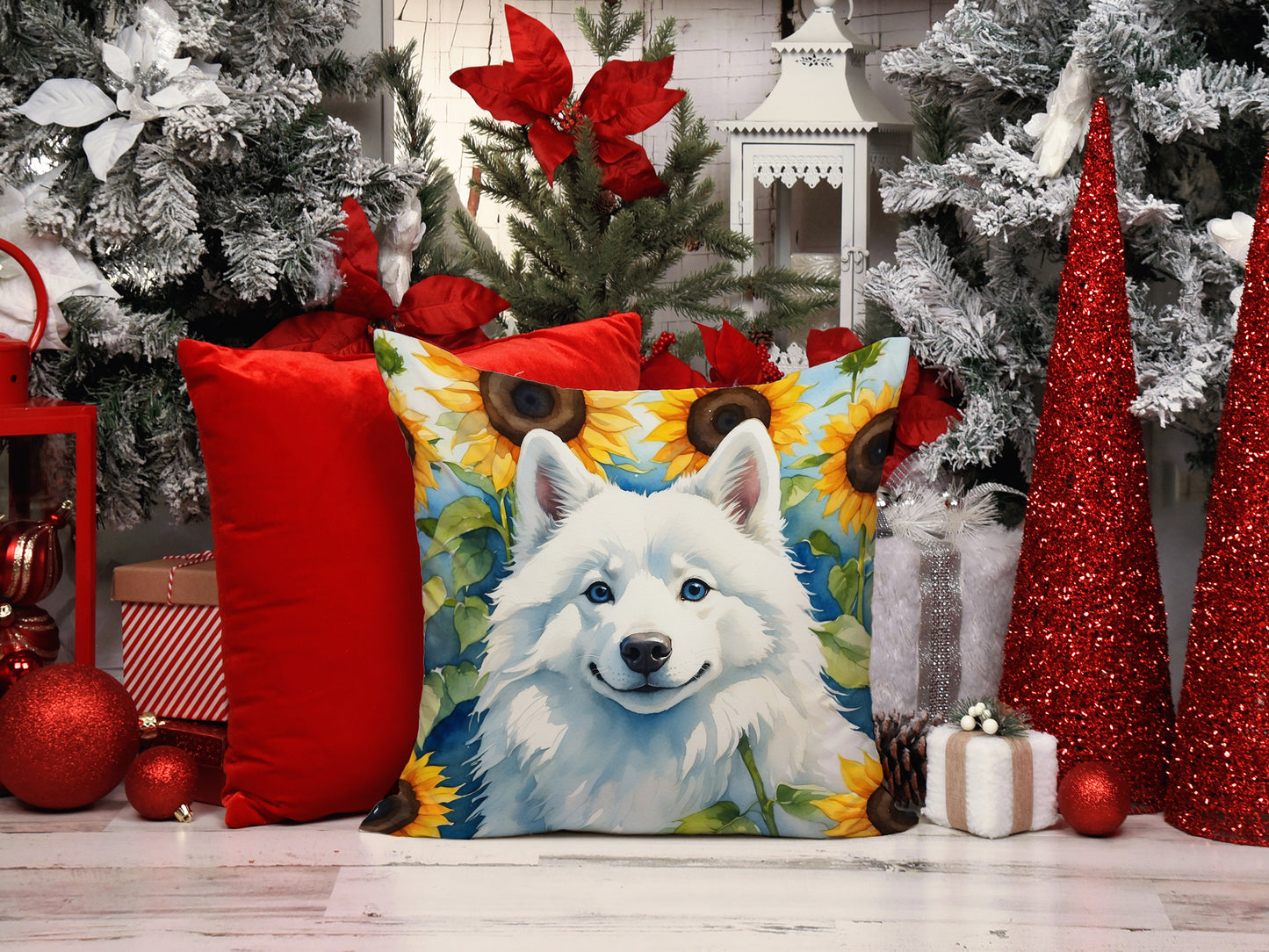 American Eskimo in Sunflowers Throw Pillow