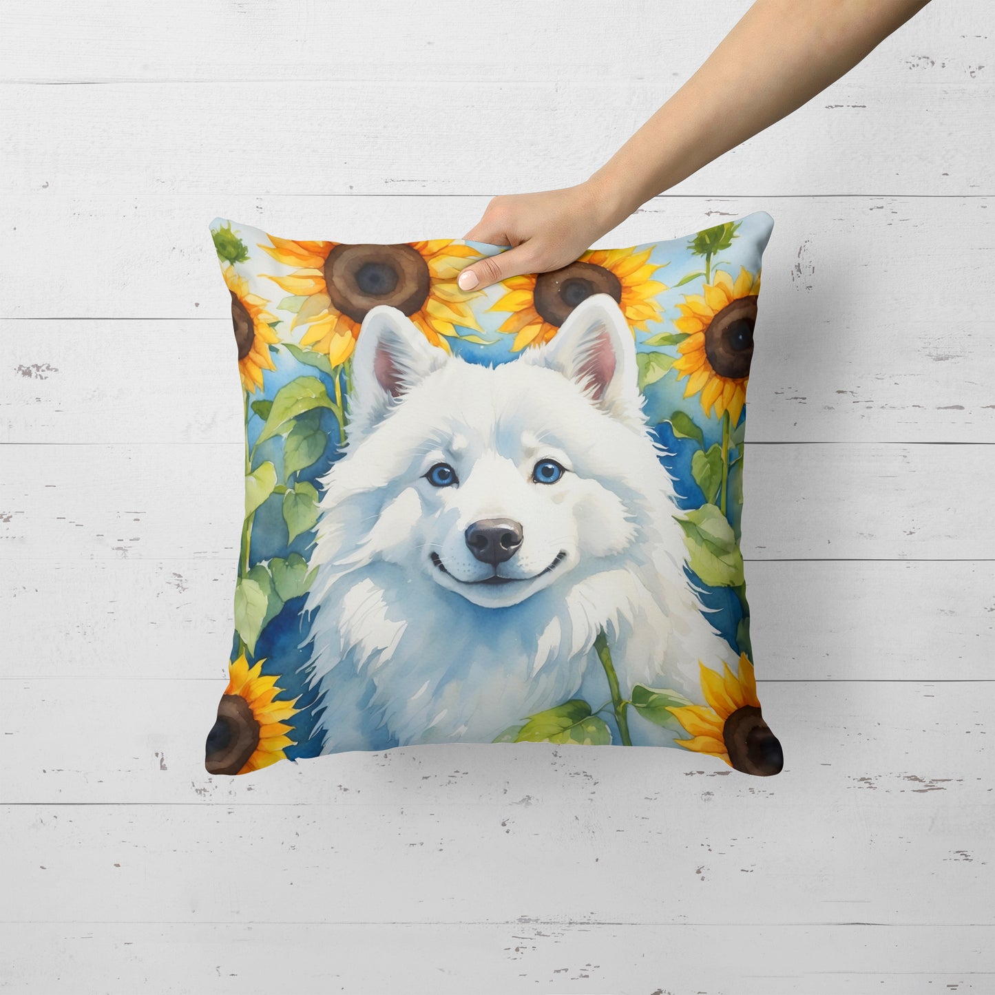 American Eskimo in Sunflowers Throw Pillow