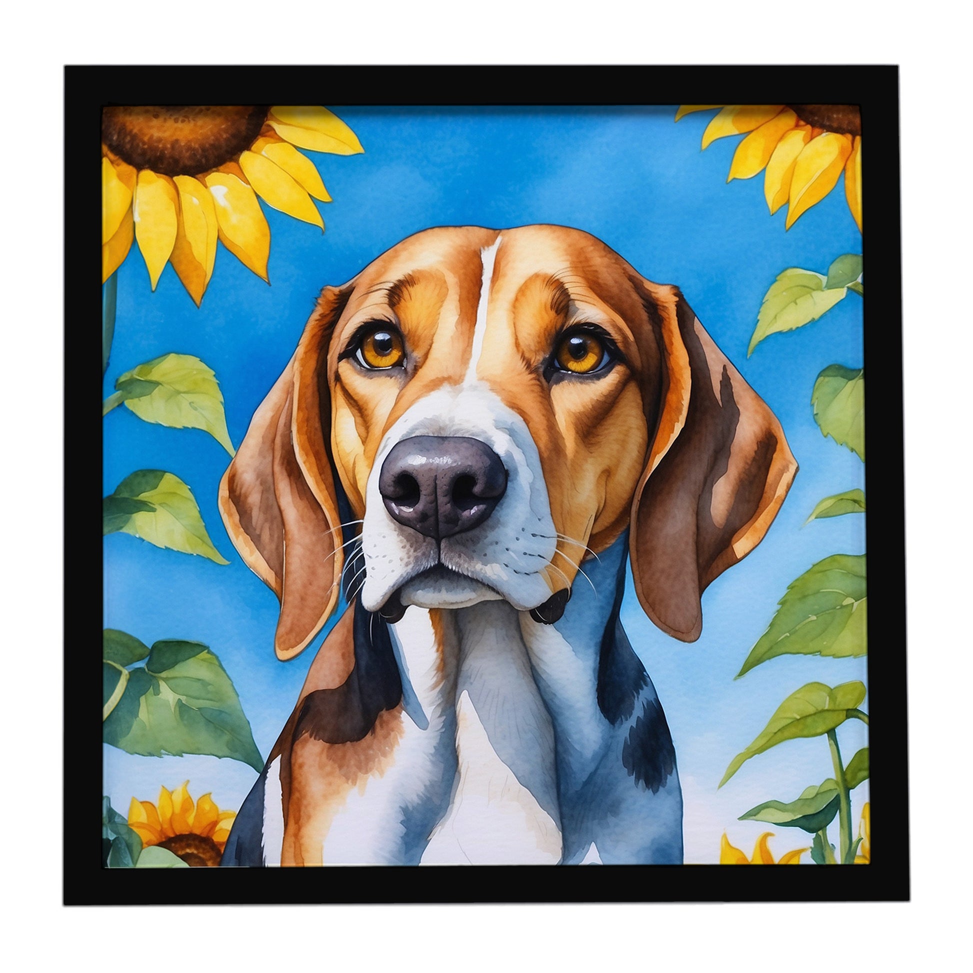 Buy this American Foxhound in Sunflowers Framed Metal Print