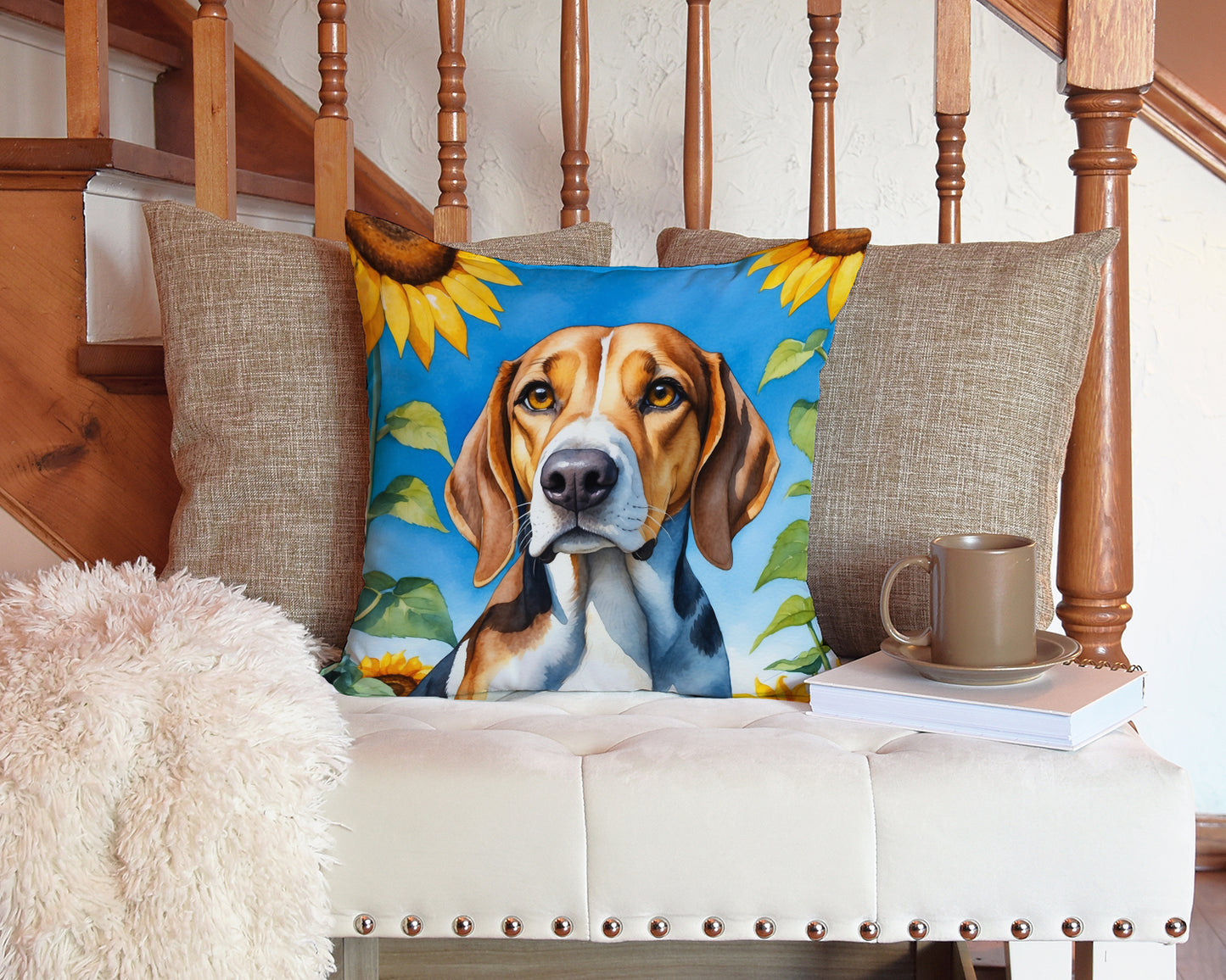 American Foxhound in Sunflowers Throw Pillow