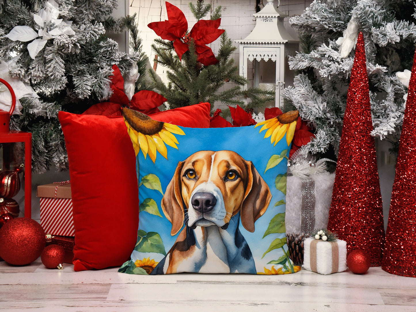 American Foxhound in Sunflowers Throw Pillow