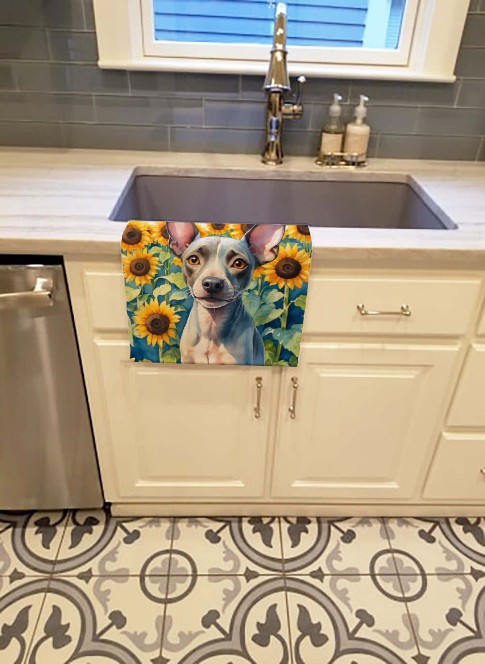 American Hairless Terrier in Sunflowers Kitchen Towel