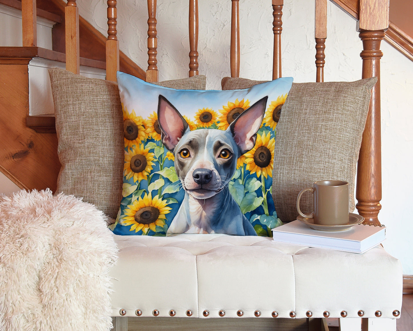 American Hairless Terrier in Sunflowers Throw Pillow