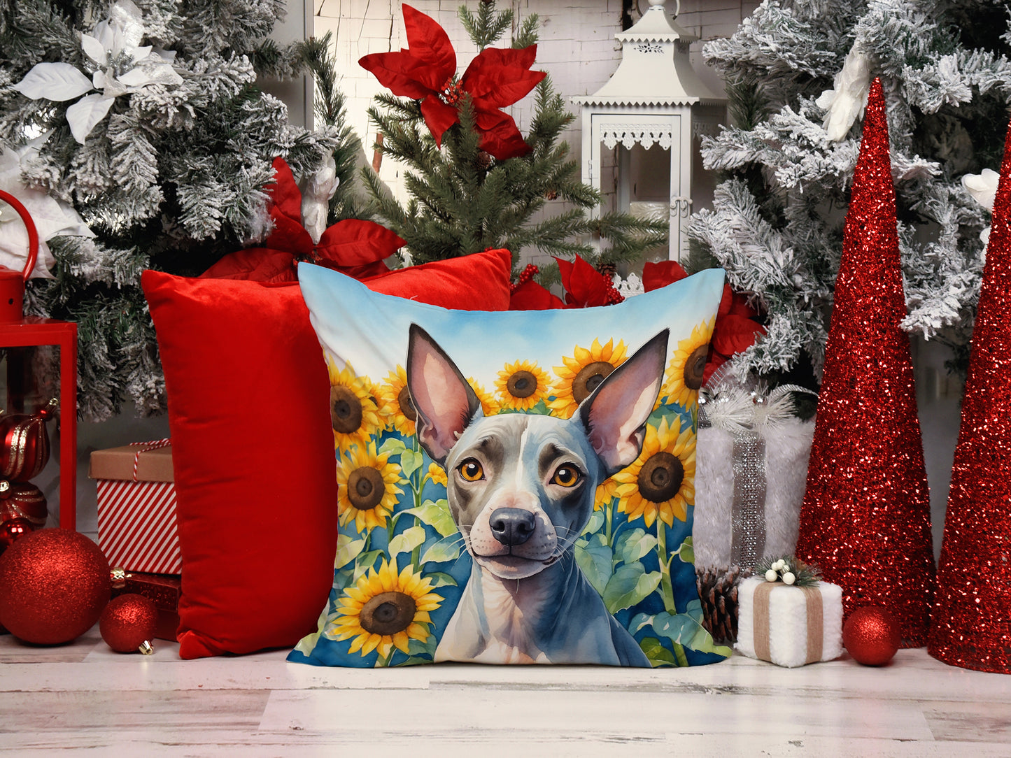 American Hairless Terrier in Sunflowers Throw Pillow