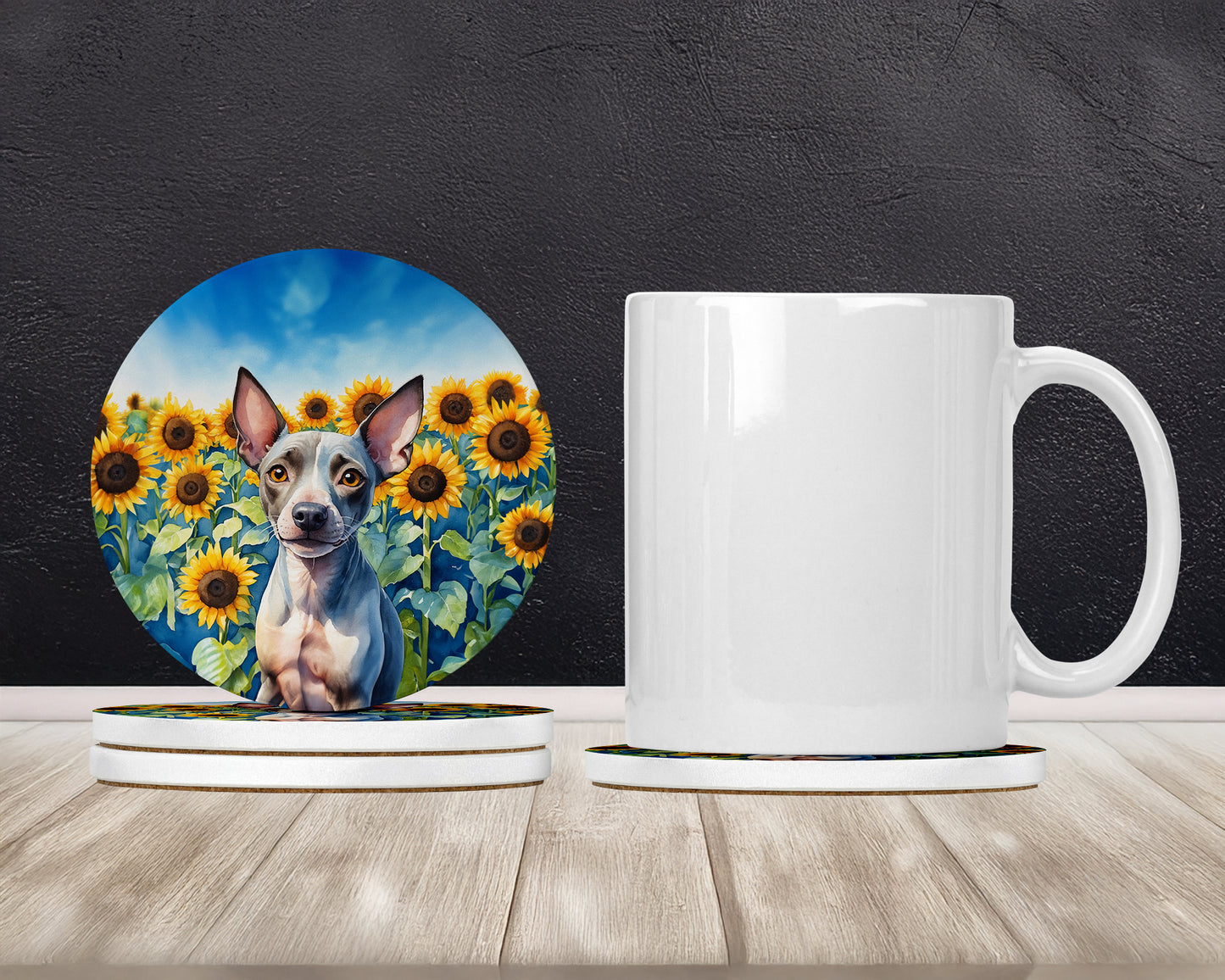 American Hairless Terrier in Sunflowers Large Sandstone Coasters Pack of 4