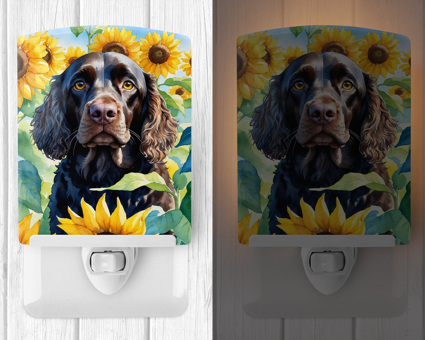 American Water Spaniel in Sunflowers Ceramic Night Light