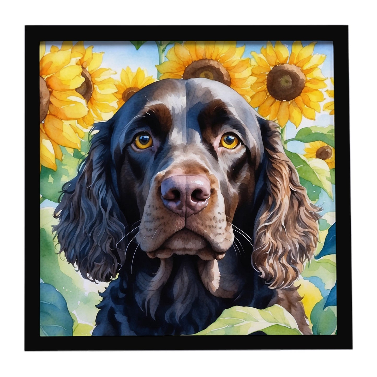 Buy this American Water Spaniel in Sunflowers Framed Metal Print