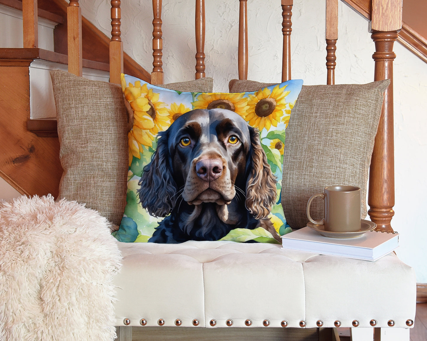 American Water Spaniel in Sunflowers Throw Pillow