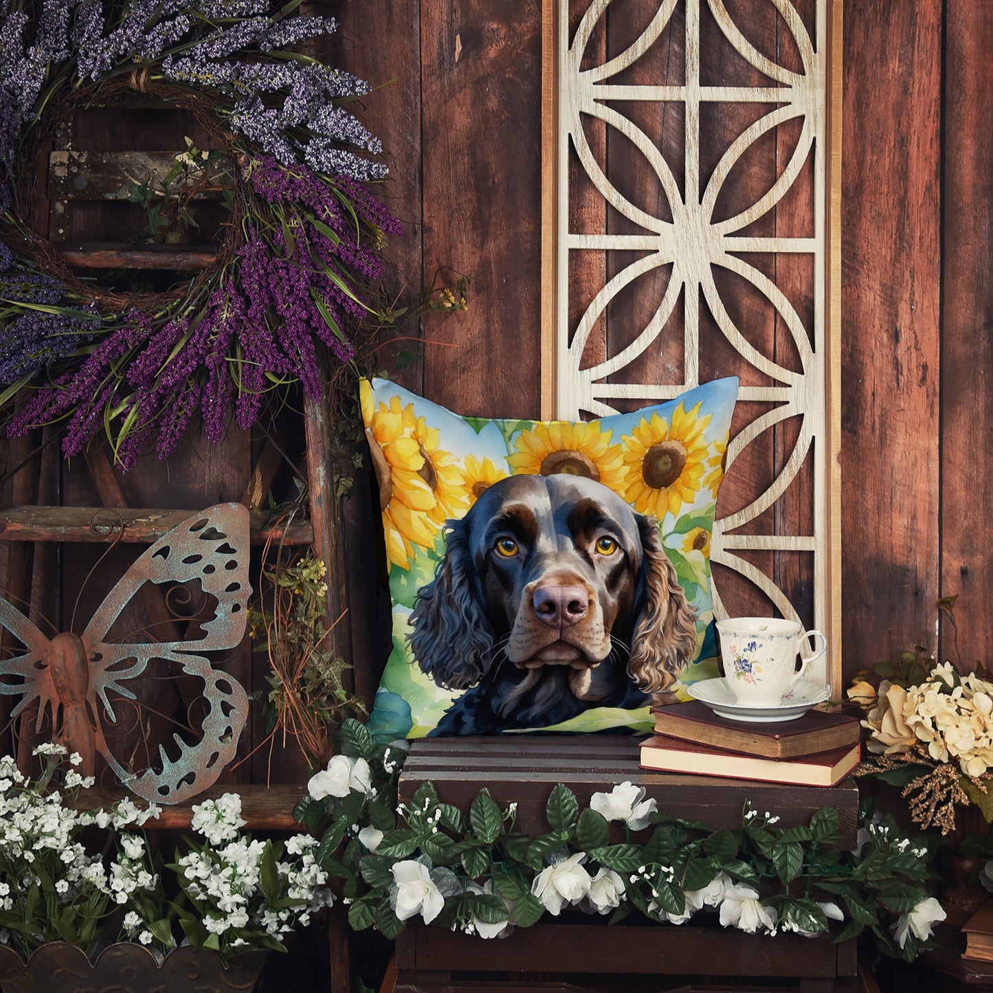 American Water Spaniel in Sunflowers Throw Pillow