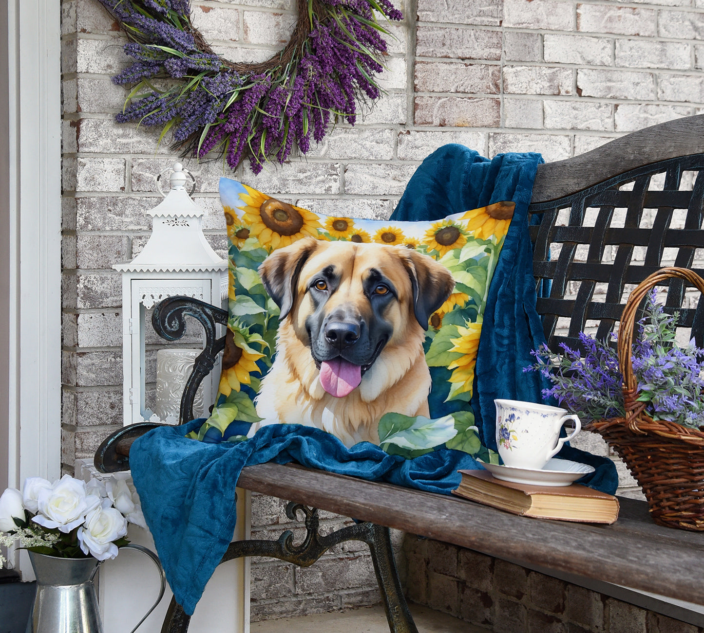 Anatolian Shepherd in Sunflowers Throw Pillow