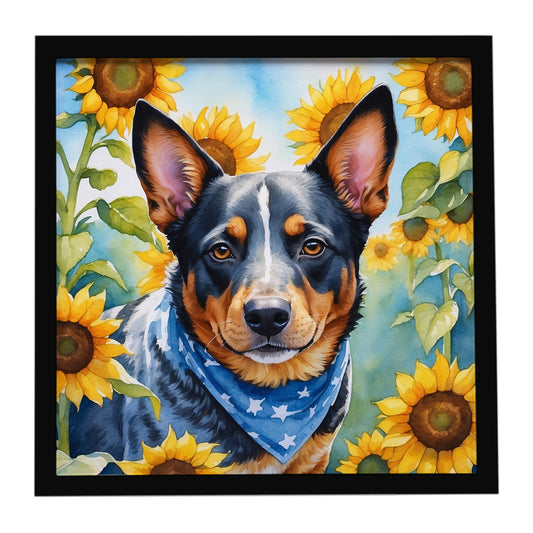 Buy this Australian Cattle Dog in Sunflowers Framed Metal Print