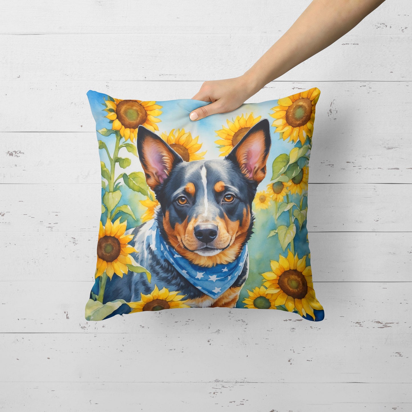 Australian Cattle Dog in Sunflowers Throw Pillow