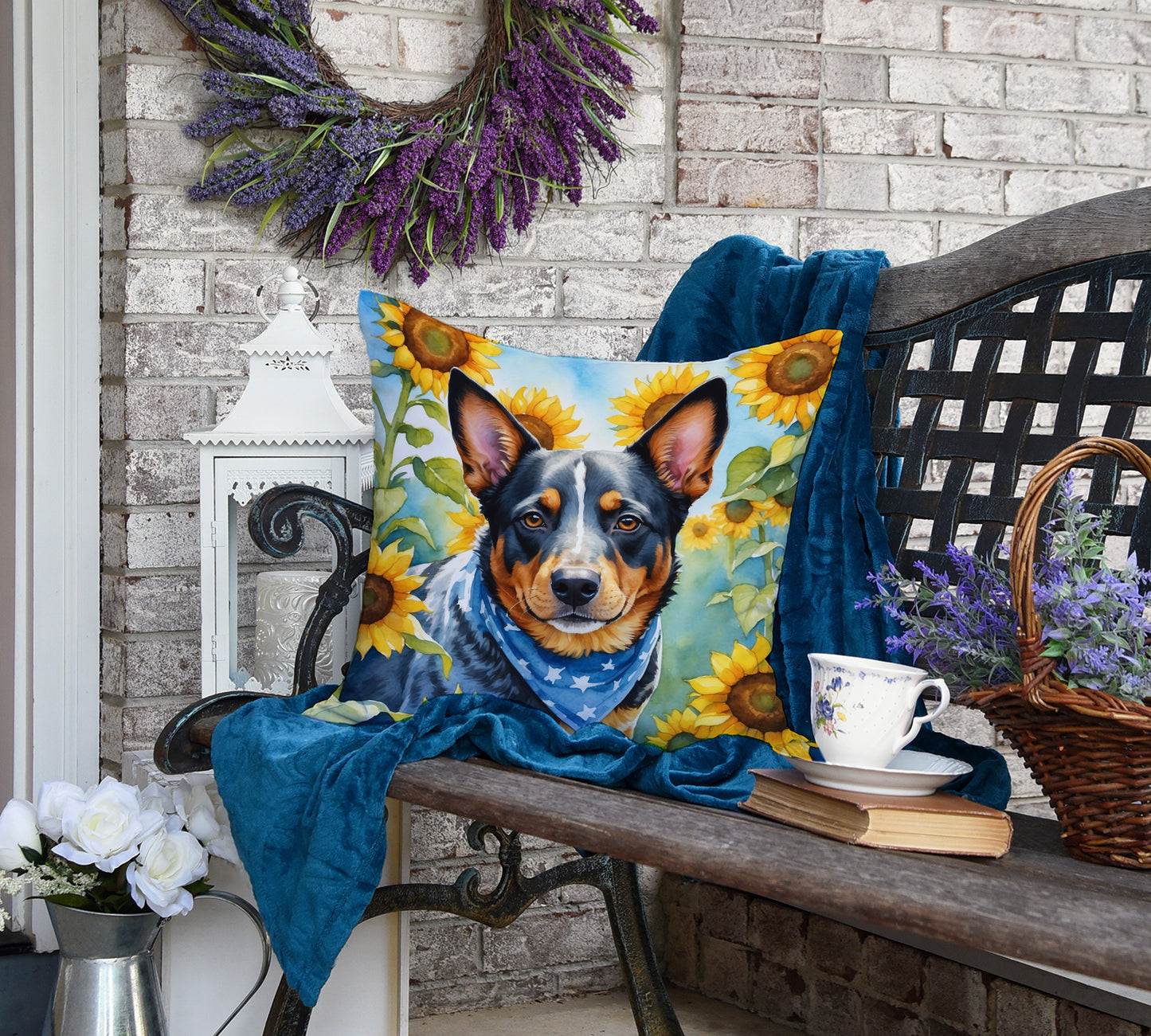 Australian Cattle Dog in Sunflowers Throw Pillow