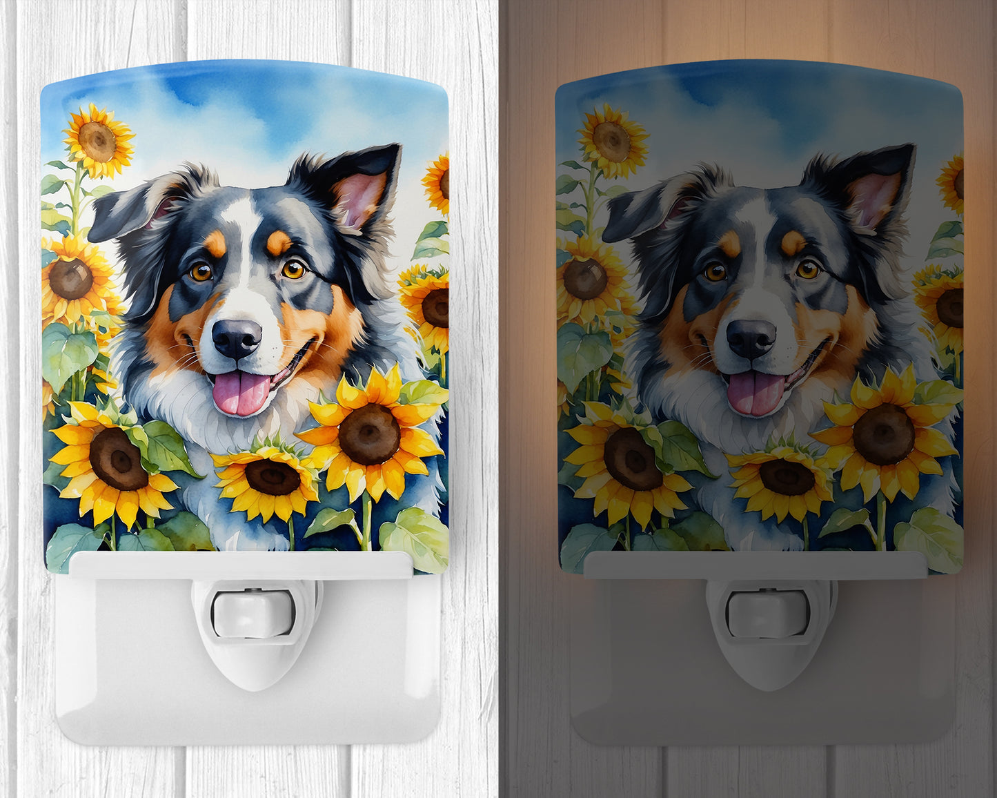 Australian Shepherd in Sunflowers Ceramic Night Light