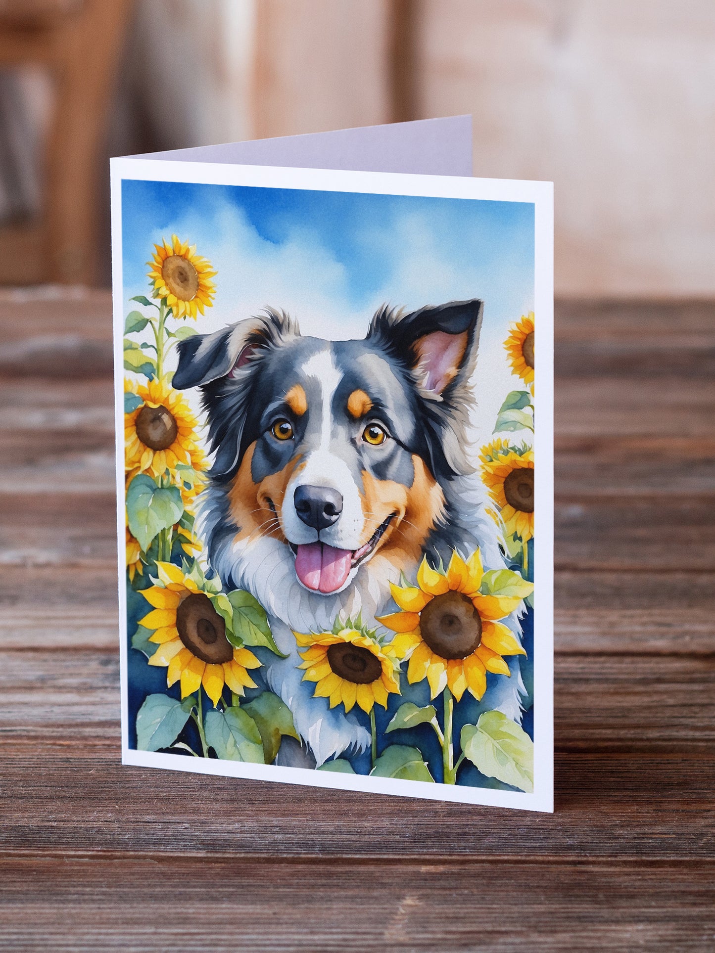 Australian Shepherd in Sunflowers Greeting Cards Pack of 8