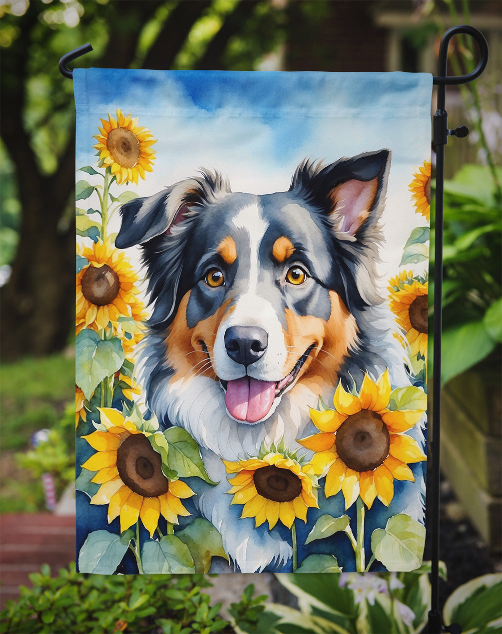 Australian Shepherd in Sunflowers Garden Flag