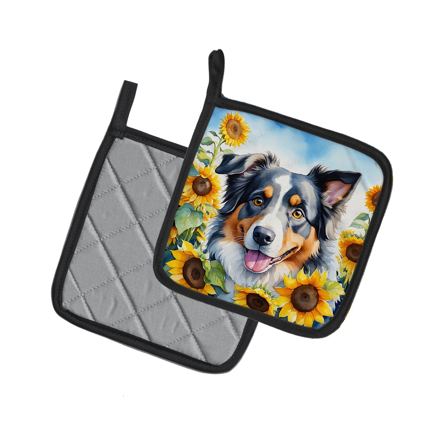 Australian Shepherd in Sunflowers Pair of Pot Holders