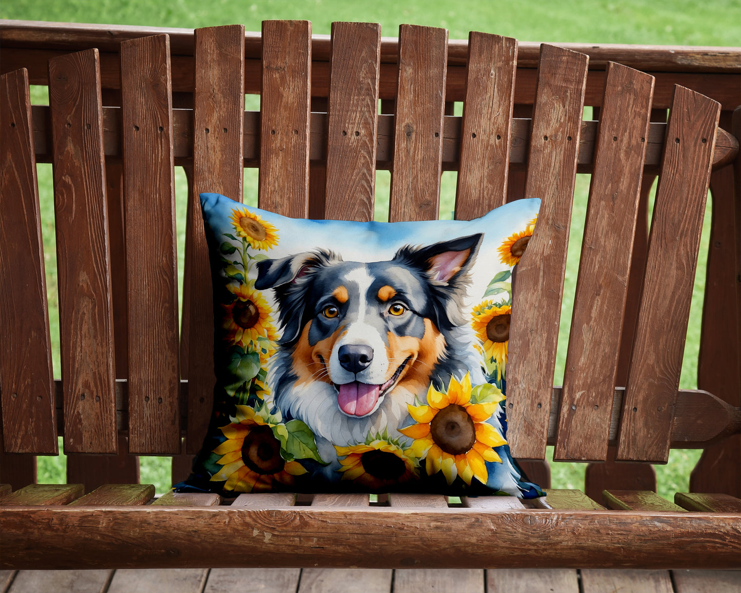 Australian Shepherd in Sunflowers Throw Pillow