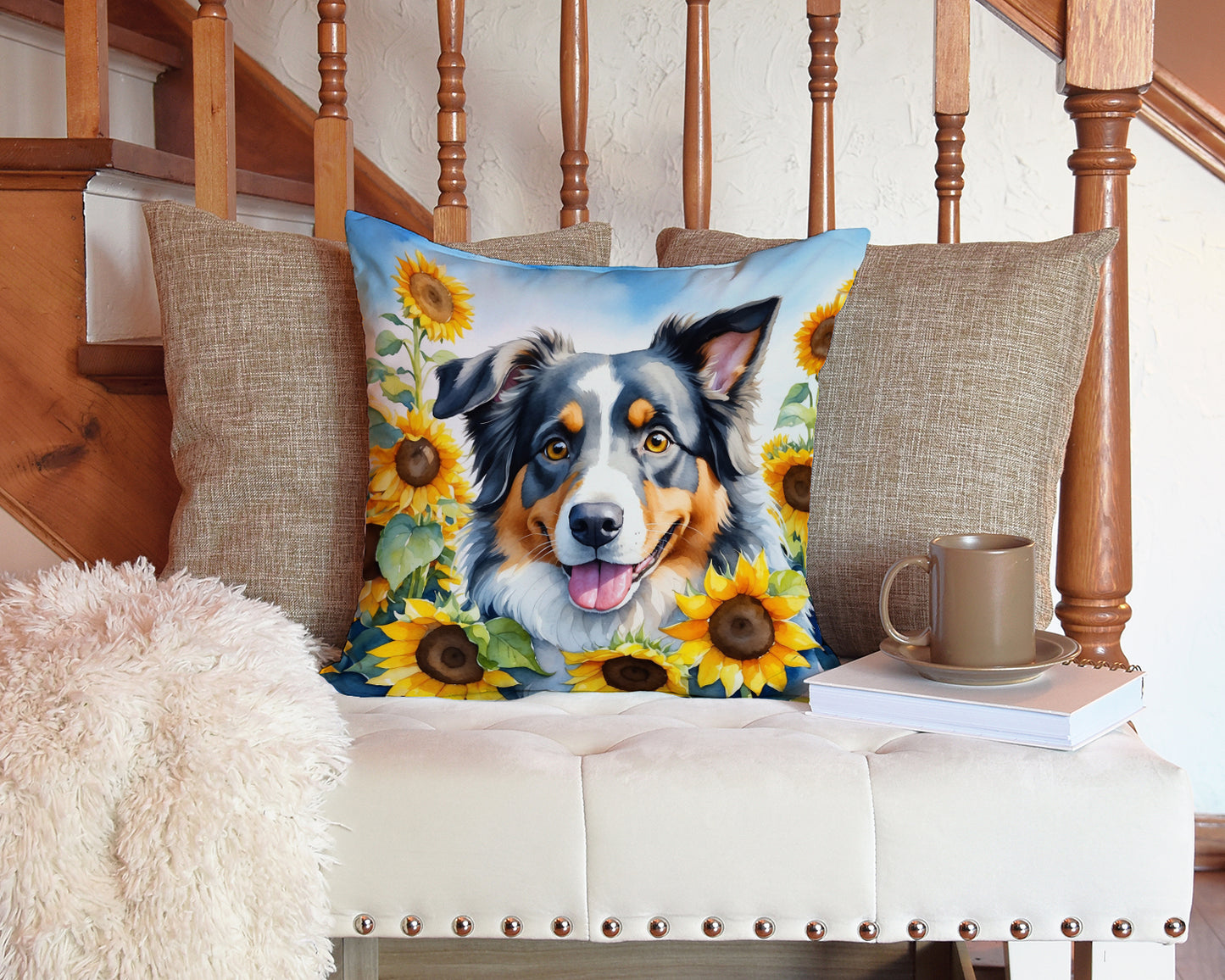 Australian Shepherd in Sunflowers Throw Pillow