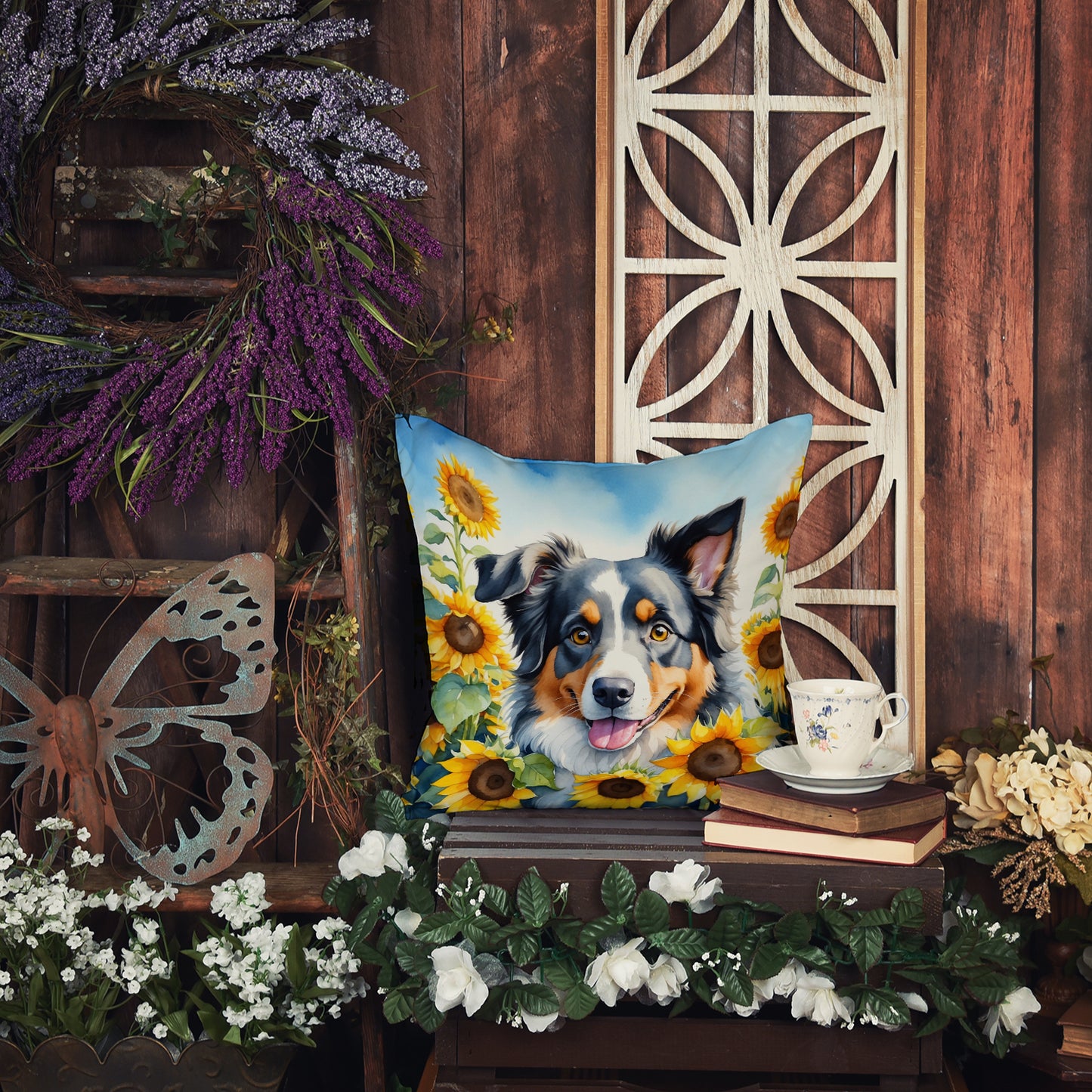 Australian Shepherd in Sunflowers Throw Pillow