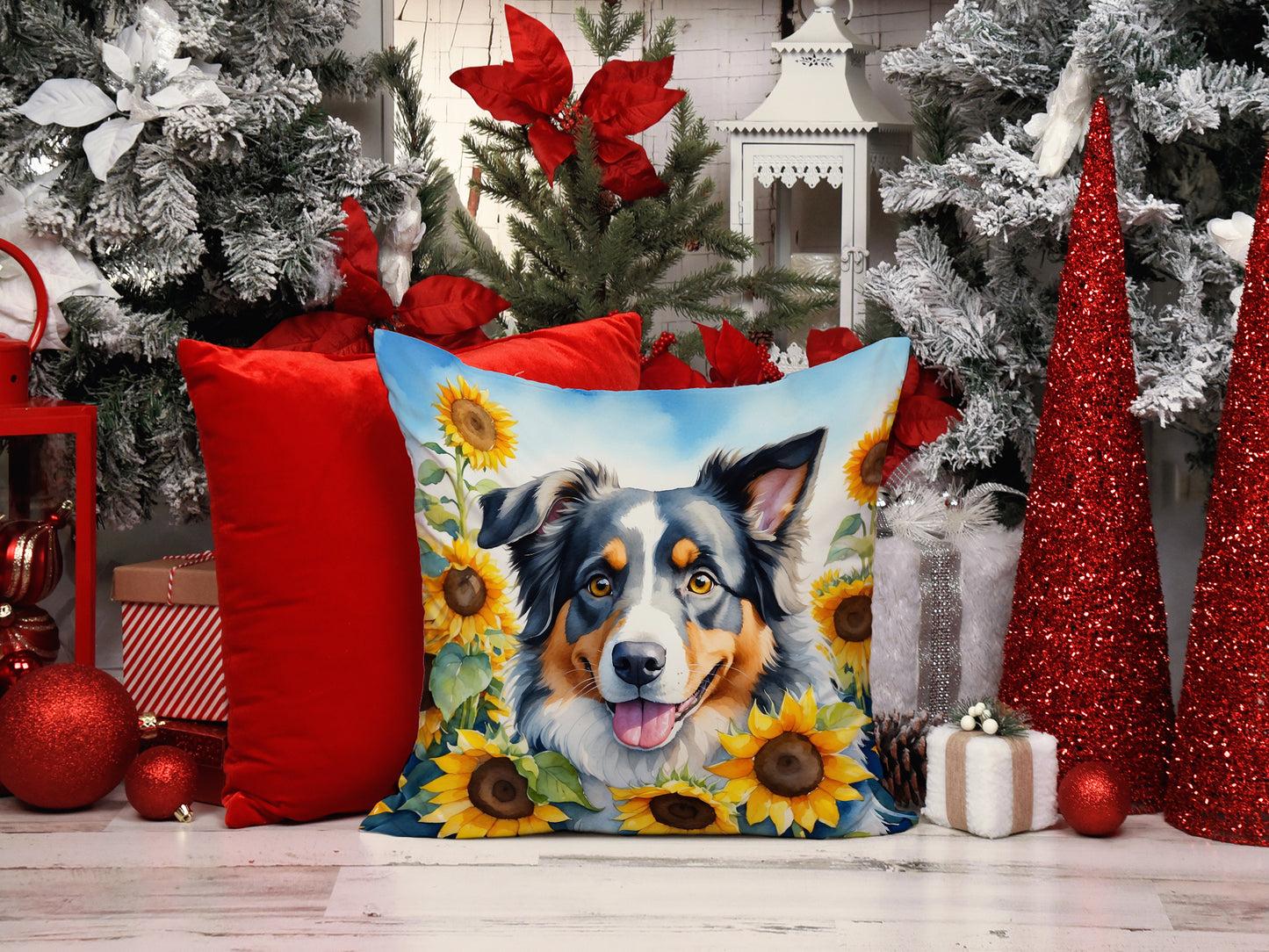 Australian Shepherd in Sunflowers Throw Pillow