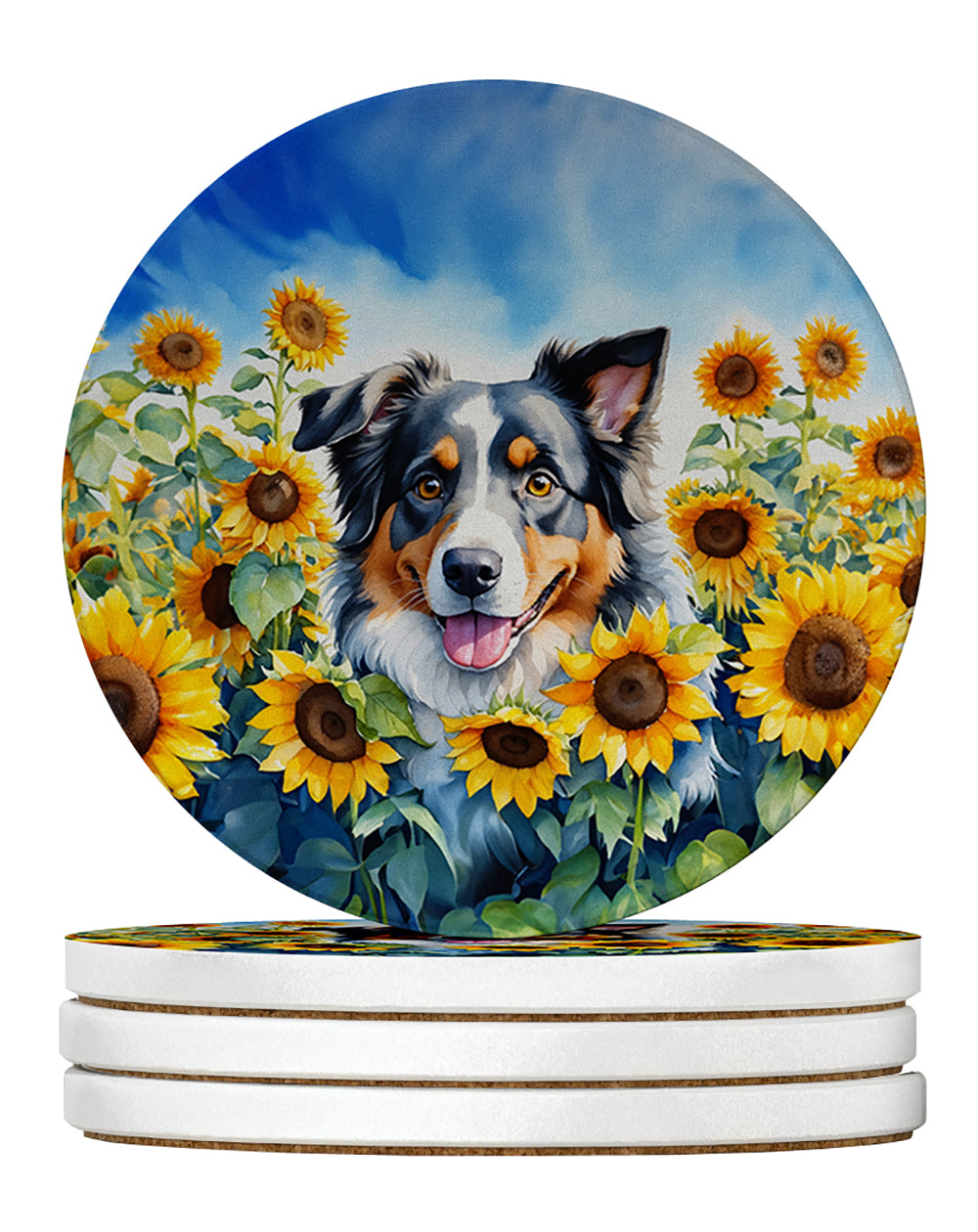 Buy this Australian Shepherd in Sunflowers Large Sandstone Coasters Pack of 4