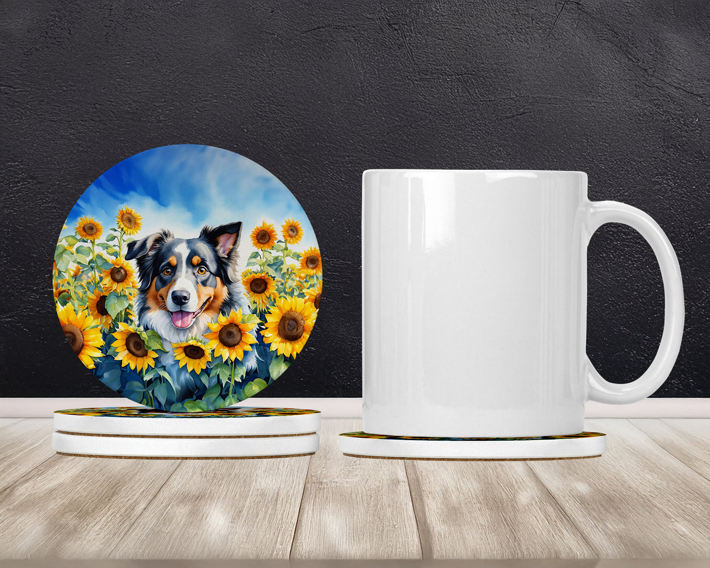 Australian Shepherd in Sunflowers Large Sandstone Coasters Pack of 4