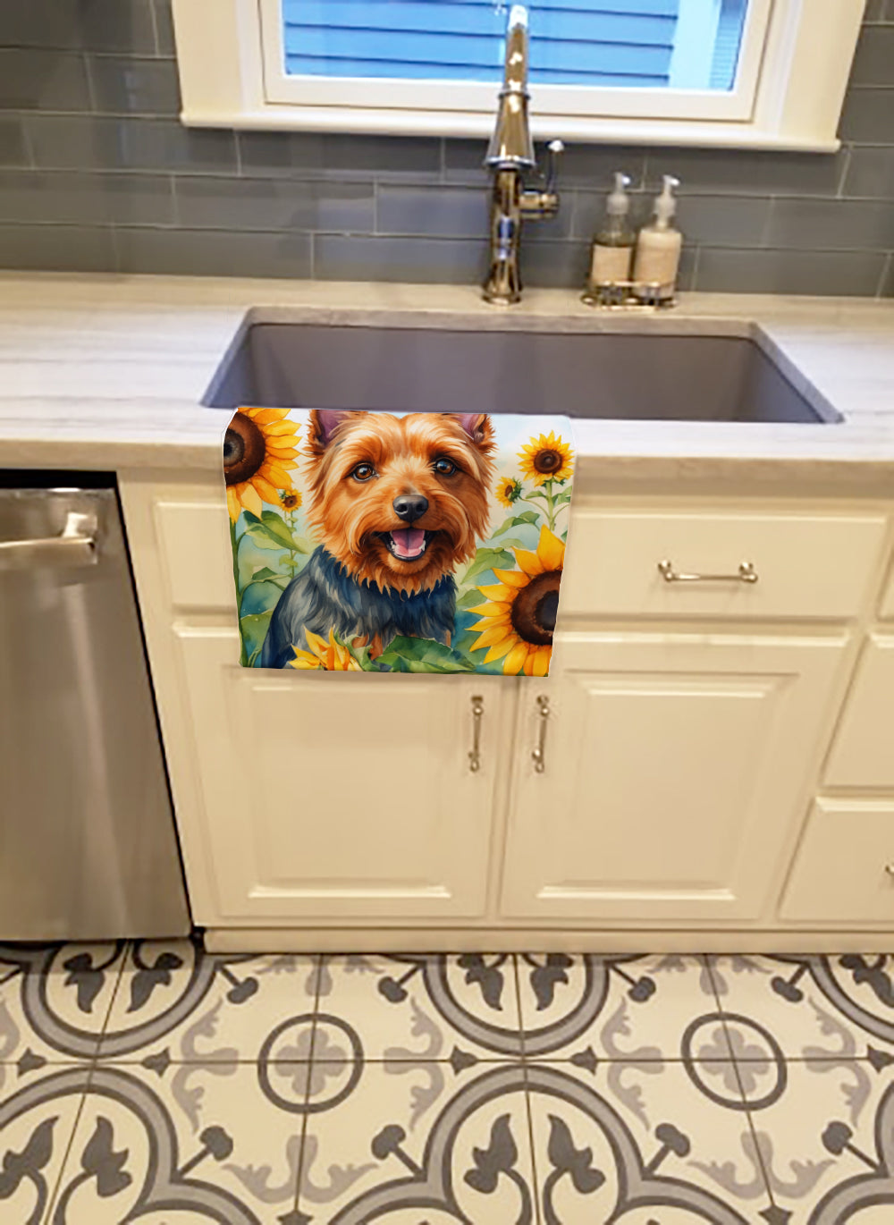 Australian Terrier in Sunflowers Kitchen Towel