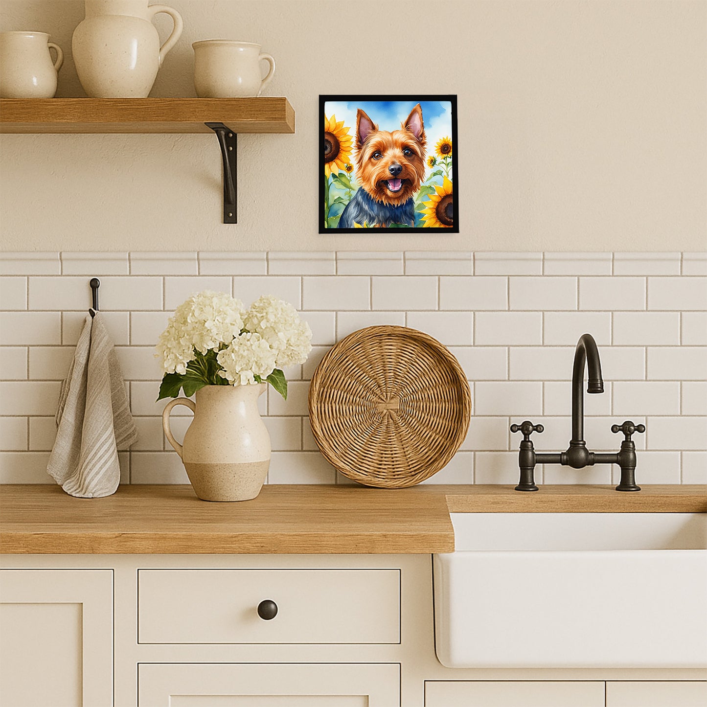 Australian Terrier in Sunflowers Framed Metal Print