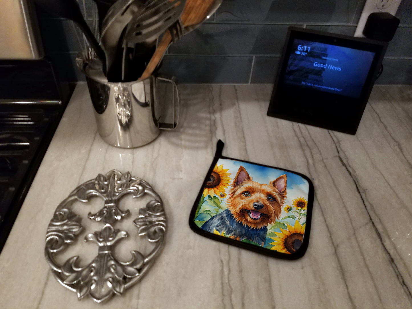 Australian Terrier in Sunflowers Pair of Pot Holders