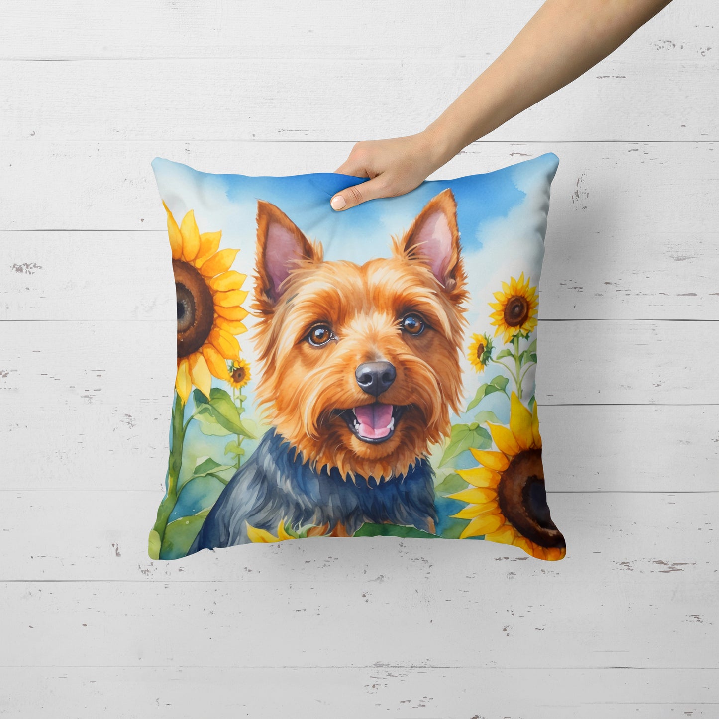 Australian Terrier in Sunflowers Throw Pillow