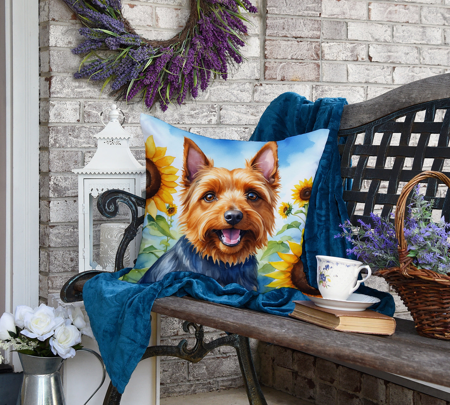 Australian Terrier in Sunflowers Throw Pillow