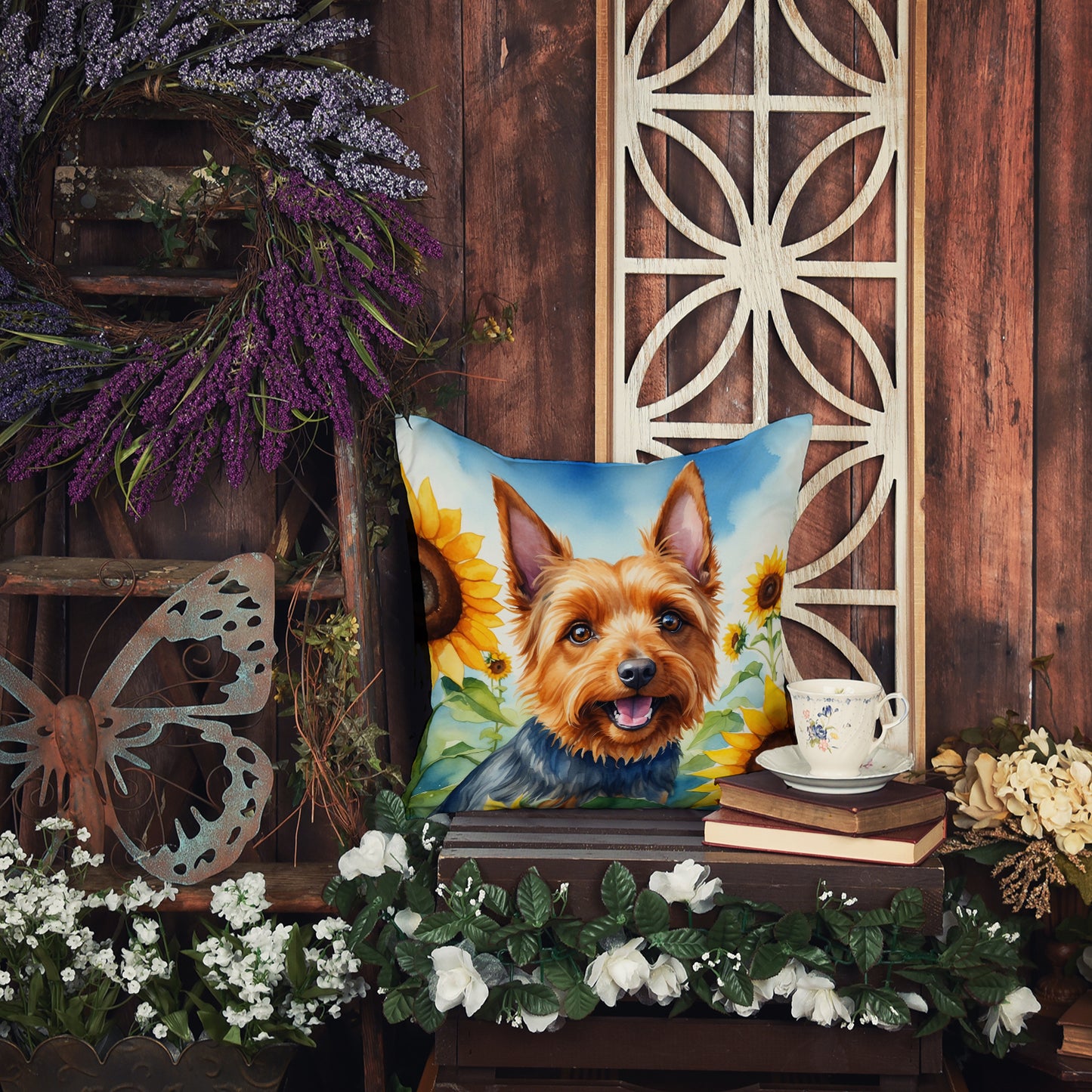 Australian Terrier in Sunflowers Throw Pillow