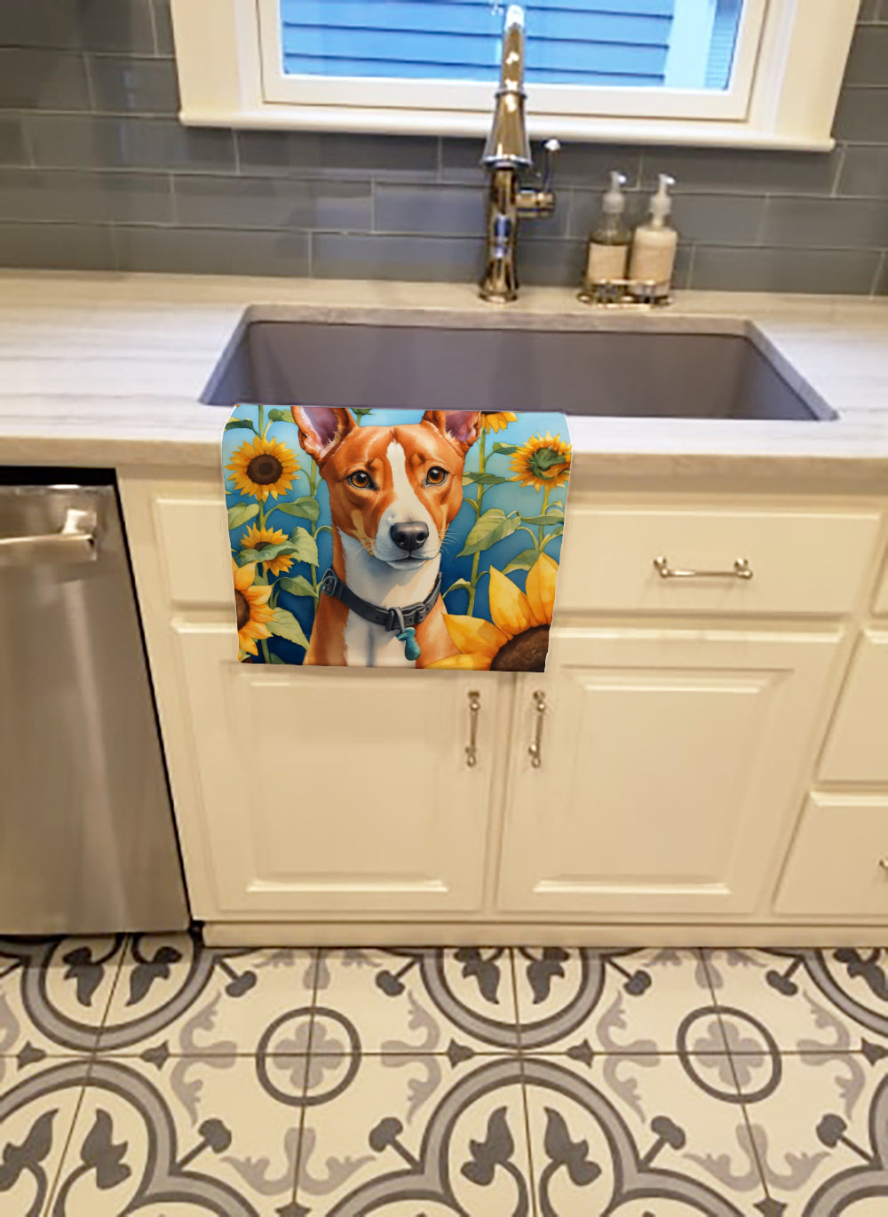 Basenji in Sunflowers Kitchen Towel