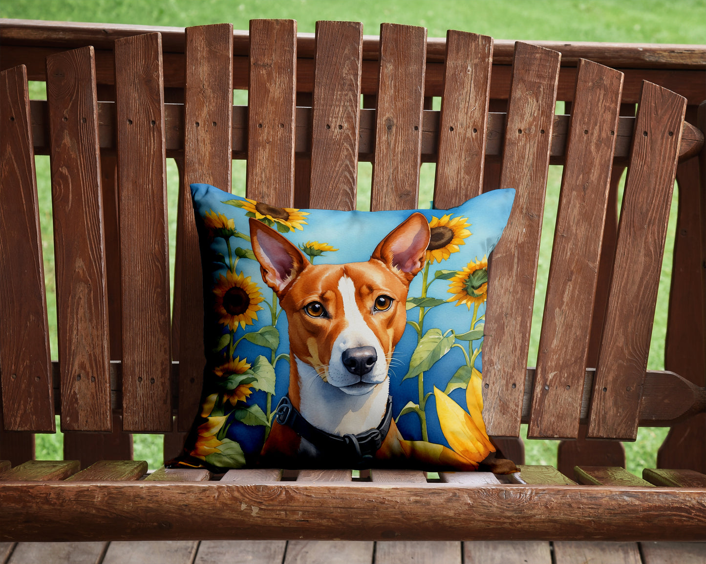 Basenji in Sunflowers Throw Pillow