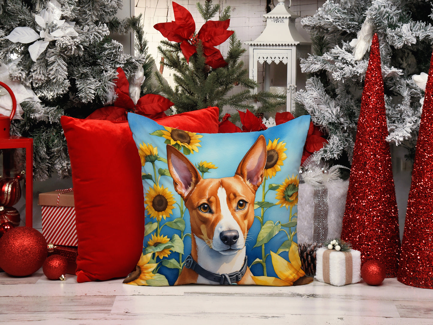 Basenji in Sunflowers Throw Pillow