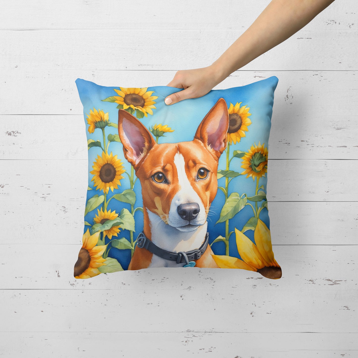 Basenji in Sunflowers Throw Pillow