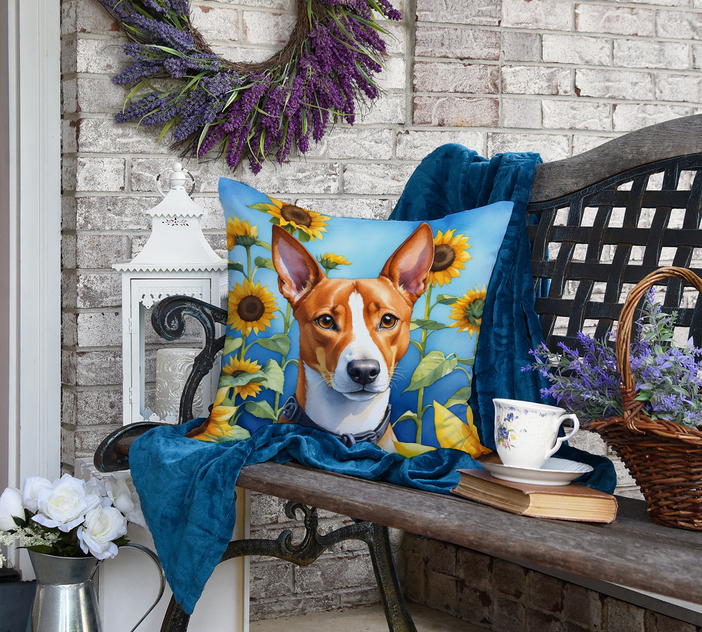 Basenji in Sunflowers Throw Pillow