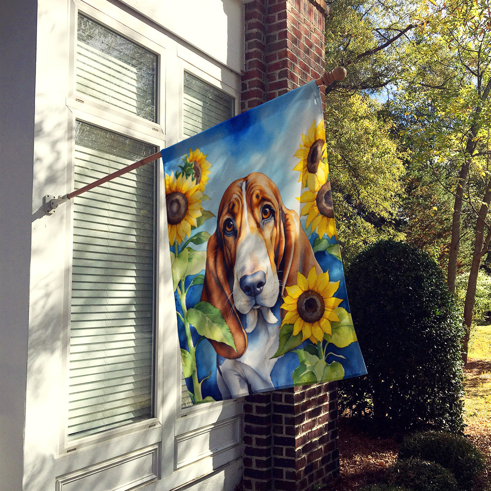 Basset Hound in Sunflowers House Flag