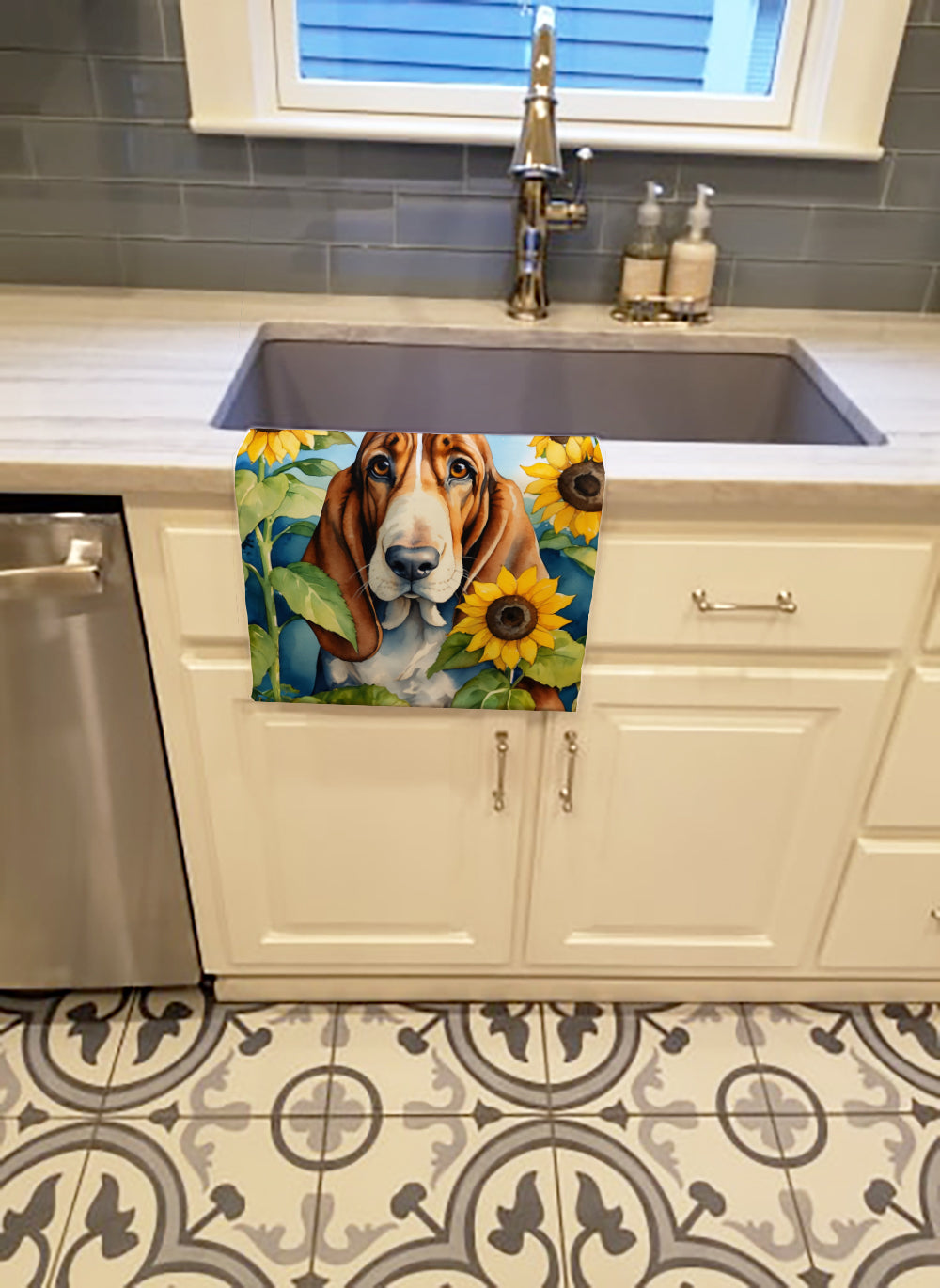 Basset Hound in Sunflowers Kitchen Towel