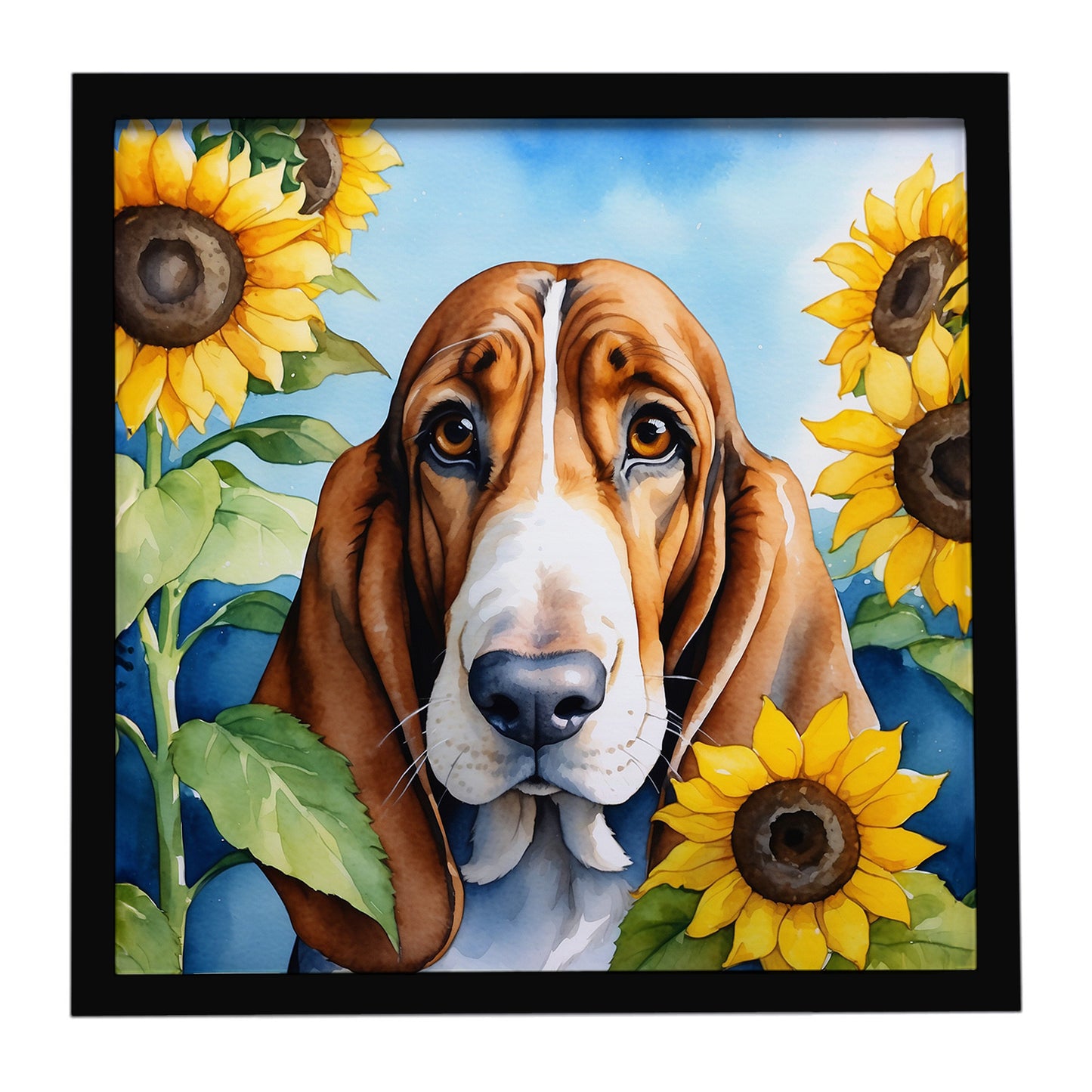 Buy this Basset Hound in Sunflowers Framed Metal Print