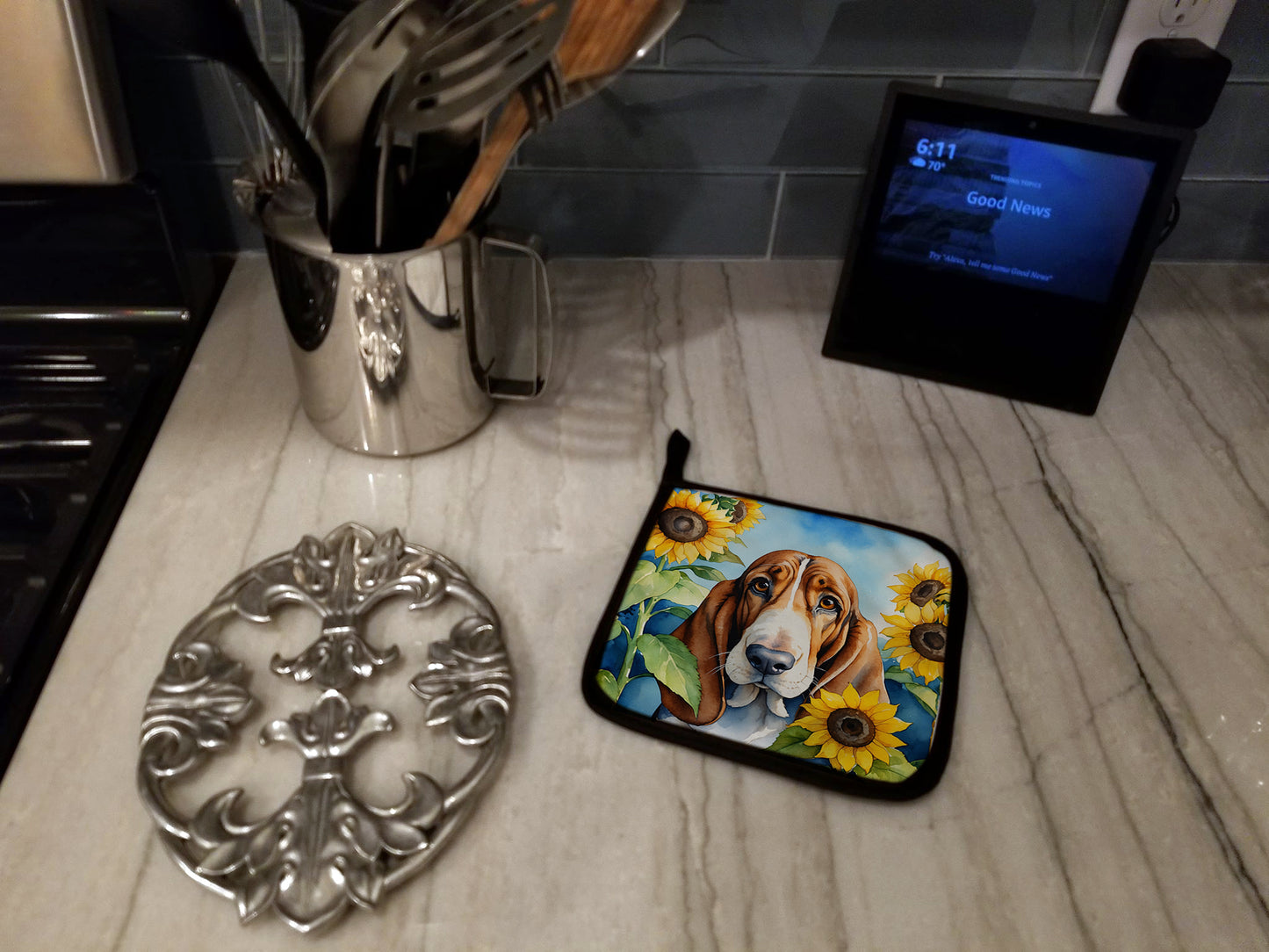 Basset Hound in Sunflowers Pair of Pot Holders