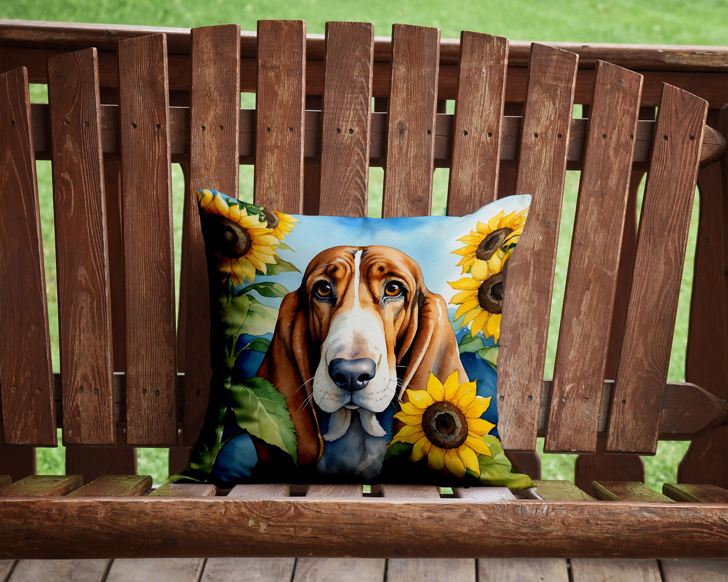 Basset Hound in Sunflowers Throw Pillow